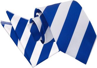 DQT Stripe Patterned Casual Business Party Work Classic Neck Tie & Pocket Square Handkerchief Set for Men in Royal Blue and White