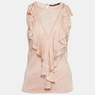 Roberto Cavalli Light Peach Stretch Knit Ruffle Crew Neck Top