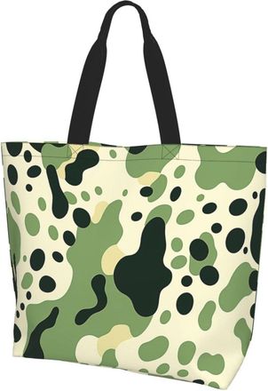 Generic Green And White Pattern Shopping Bag Large Capacity Tote Bag Lightweight Grocery Bags For Picnic Ladies Work