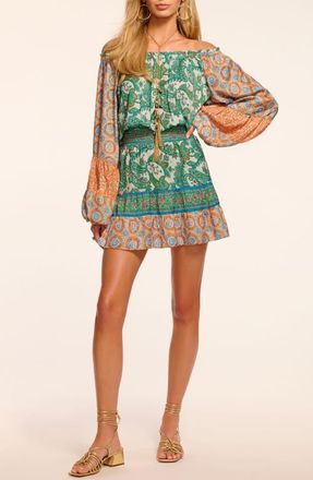Ramy Brook Claudine Off the Shoulder Long Sleeve Minidress in Bright Palm Patchwork at Nordstrom, Size Xx-Small