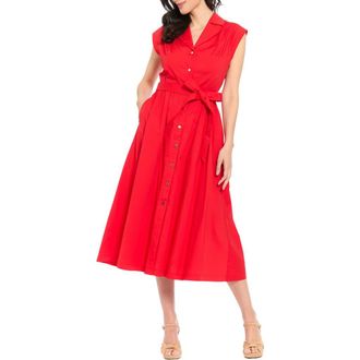London Times Tie Waist Cap Sleeve Shirtdress in Flame Scarlet at Nordstrom Rack, Size X-Large