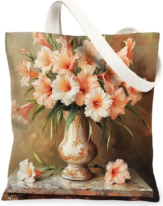 Generic Spring Farmhouse Gladiolus Canvas Tote Bag for Shopping 13x15, Rustic Farm Floral Reusable Grocery Print Bag for Women, Country Flower Beach Aesthetic