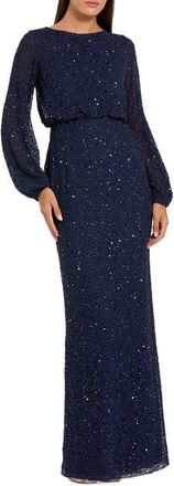 Mac Duggal Beaded Mesh Blouson Sleeve Evening Gown in Navy at Nordstrom, Size 16