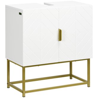 Kleankin Mueble De Ba&ntilde;o Con Armario De 2 Puertas En Madera Y Acero, 60 X 30 X 65 Cm, Blanco Y Dorado