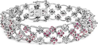 House of Brilliance 14K White Gold Pink Sapphire and Diamond Floral Lattice Link Bracelet
