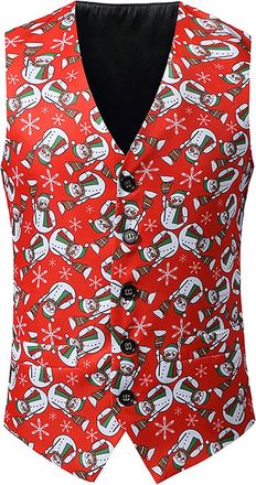 Generic Mens Christmas Waistcoat Slim Fit Printed Suit Vest Party Formal Sleeveless Top Elegant Dress Waistcoat Autumn Winter Festive Gilet Stylish Novelty Ta