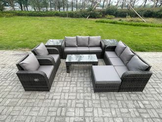 Fimous 9 Seater Wicker PE Rattan Sofa Set Outdoor Patio Garden Furniture with 2 Reclining Chairs Coffee Table 2 Side Tables Big Footstool in Dark Grey