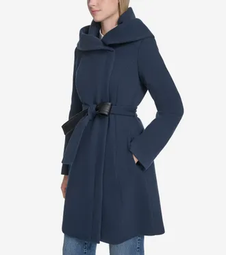 Cole Haan Womens Belted Asymmetrical Zip Front Twill Coat - Blue Size 12