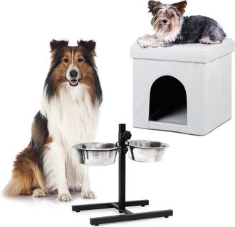Relaxdays Set De 2 Piezas Home Sweet Hund Deluxe L, Casa Para Perros Blanca, Taburete Con Refugio, Comedero Doble Ajustable