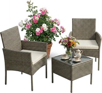Relaxdays Relaxdays 3-piece rattan garden lounge set, 2-person, 2 armchairs & glass-top table, grey