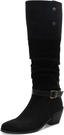 Generic Womens Slouchy Pointed Toe Faux Suede Knee High Boots Buckle Strap Chunky Heel Boots Multi Color Stylish Comfortable For Fashion Party Daily,Black,4.5