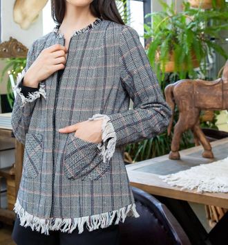 THML Clothing Plaid Fringe Jacket In Grey