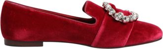 Dolce & Gabbana Red Velvet Crystal Buckle Loafers Flats Womens Shoes