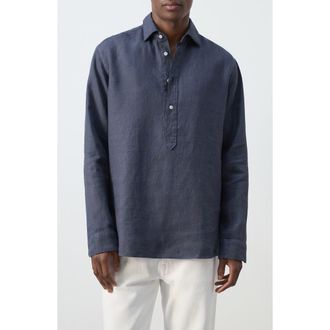 Mango Long Sleeve Linen Polo Shirt in Indigo Blue at Nordstrom, Size X-Large