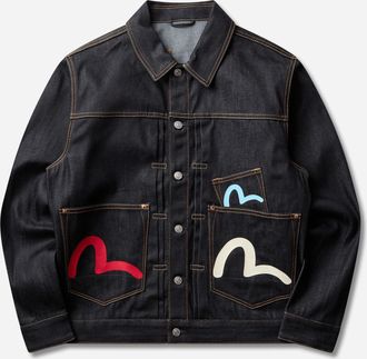 Evisu Men s Seagull Print and Multi-Pocket Denim Jacket Raw Indigo