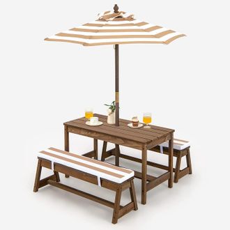 Costway Juego De Mesa Y 2 Bancos De Madera Con Cojines Y Sombrilla, Mesa De Picnic Para Ni&ntilde;os Con Sombrilla, Set De Mesa Y Silla Para Actividades Interiores Y