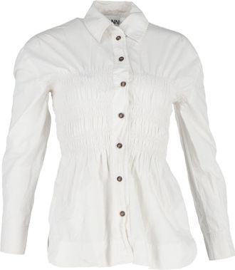 Ganni Pre-owned Womens Shirred Long Sleeve Shirt in White Cotton - Ecru - Size EU 34