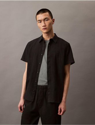 Calvin Klein Mens Linen Cotton Short Sleeve Classic Button-Down Shirt - Black - XS
