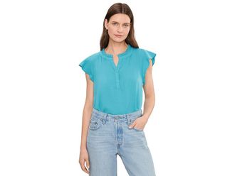 Mod-o-doc Gauze Flutter Cap Sleeve Ruffle Neck Henley Shirt Womens Clothing Aqua Mist : LG (US 12-14), Cotton