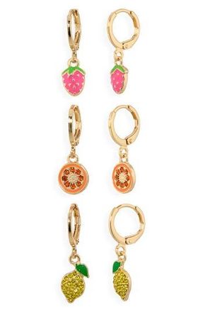 Leith 3-Pack Assorted Fruit Drop Huggie Hoop Earrings in Orange Multi- Gold at Nordstrom Rack