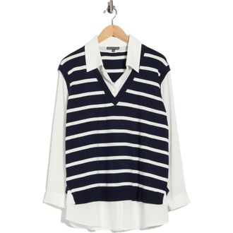 Adrianna Papell V-Neck Twofer Sweater in Blue Moon/Ivory Stripe at Nordstrom Rack, Size 2 X