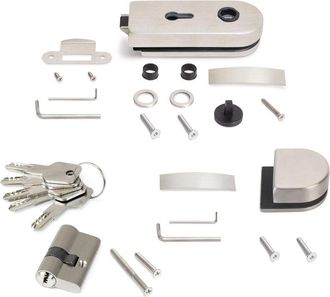 Emuca Kit Cerradura Y Cerradero Para Puerta Doble De Cristal, Puerta Vidrio 8-12mm, Acero Y Aluminio, Pintado Negro - Emuca