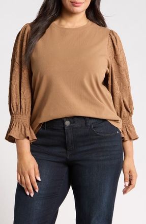 Wit & Wisdom Mixed Media Smocked Sleeve Top(Plus) in Butter Toffee at Nordstrom, Size 1X
