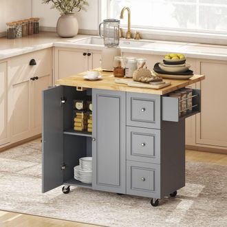 HOMCOM Rolling Kitchen Island, Kitchen Storage Trolley w/ Drop Leaf, Drawers in Grey | Size: Large
