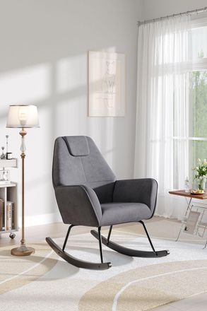 H&O Direct Comfy Upholstered Rocking Chair for Nursery with Black Legs in Grey
