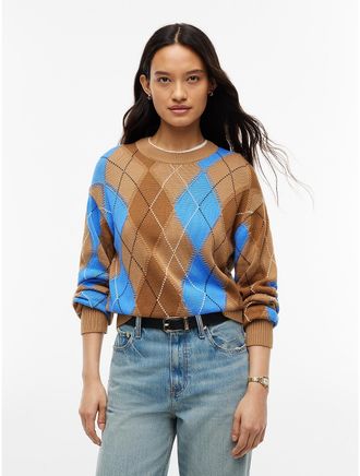 Tommy Hilfiger Womens Relaxed Fit Argyle Crewneck Sweater - Safari Canvas Argyle - XL