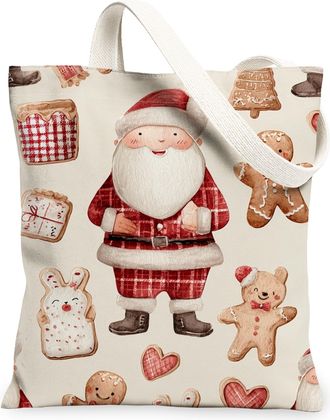 Generic Cute Santa Canvas Tote Bags, Festive Gingerbread Pattern Reusable Grocery Bags, Lightweight Washable Shoulder Strap Canvas, Red, 13x15 Inch