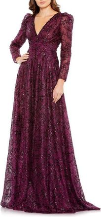 Mac Duggal Embellished V Neck Long Sleeve A Line Gown in Plum at Nordstrom, Size 4