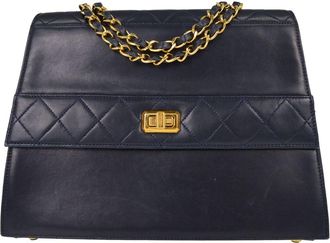 Chanel Vintage Trapezoid Cc Flap Leather Navy Leather Handbag (Pre-Owned)