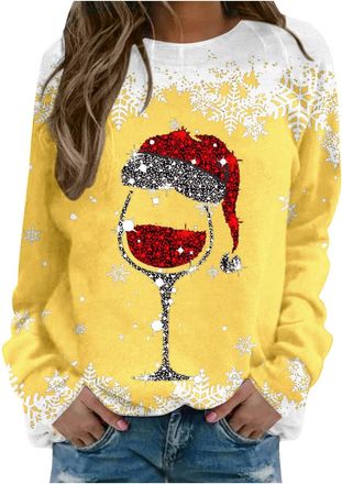 Generic Christmas Jumpers for Women Uk Glitter Xmas Printed Sweatshirt Long Sleeve Crewneck Sweaters Winter Oversized Pullover Novelty Funny Graphic Tops, S-X