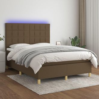 vidaXL Vidaxl - Cama Box Spring Colch&oacute;n Luces Led Tela Marr&oacute;n Oscuro 140x190 Cm