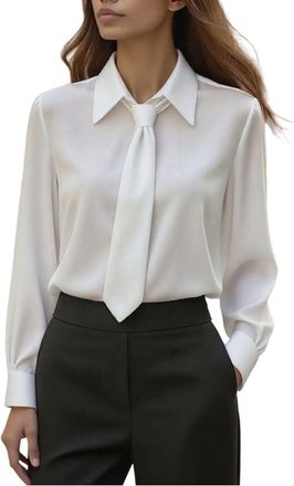 Generic Womens Casual Tops Satin Silk Shirt Long Sleeve Lapel Collar Top with Tie Ladies Slim Fit Chic Blouses Oversized Tunic T-Shirts Work Office Business V
