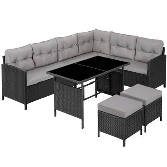 TecTake 8 Seater Garden Furniture Set with Cushions, Footstools & Table in Light Grey | Size: XL
