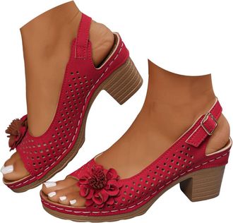 Generic Wedge Sandals for Women Summer Open Toe Low Chunky Heeled Ankle Strap Flower Shoes with Arch Support Dressy Breathable Wide Fit Low Heeled Sandal Fash