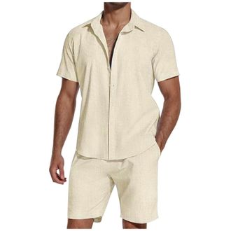 Generic Mens Linen Shirt And Shorts Set, Mens Cotton Linen Shirts Mens Summer Shirts Beach Shirt Casual Shirts Solid Color Shirt Shorts Button Up Blouses 2 Pi