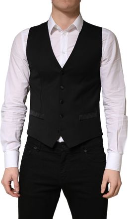 Dolce & Gabbana Black Wool Single Breasted Men Waistcoat Mens Vest