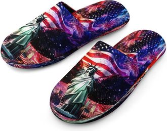 Generic Ea-gles Wings Firework U.S. Flag Mens Cotton Slippers Memory Foam Comfort House Shoes Winter Indoor Slipper for Hotel Casa Spa