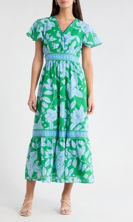 Sugarlips Verben Floral Print Surplice Neck Dress in Kelly-Blues at Nordstrom, Size X-Large
