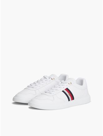 Tommy Hilfiger Womens Signature Stripe Leather Court Sneaker - White - US 6.5 / EU 37