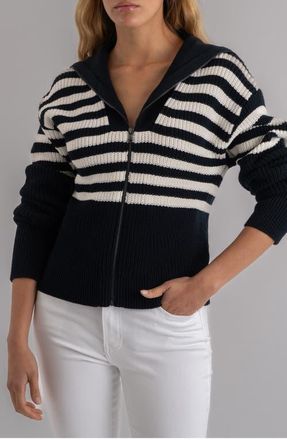 Kut from the Kloth Noelle Stripe Front Zip Cotton Sweater in Navy/Ivory at Nordstrom, Size Medium