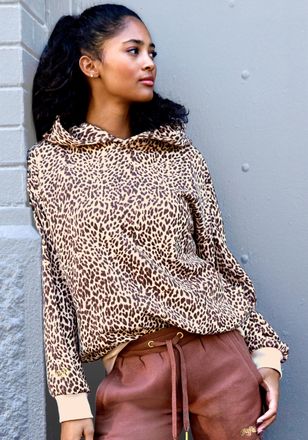 Buffalo Kapuzenpullover BUFFALO, Damen, Gr. 32/34, beige (beige leo), Obermaterial: 60% Baumwolle, 40% Polyester, bedruckt, bequem h&uuml;ftlang, Rippb&uuml;ndchen, Pul