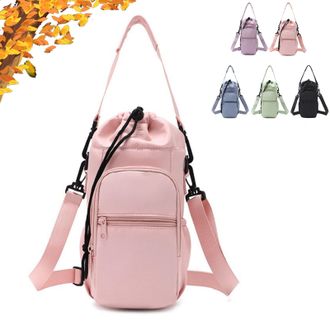 Generic Water Bottle Shoulder Bag, Hands-Free Waters Bottles Carrier Bag with Phone Pocket, for Walking, Hiking & Travel (Pink)