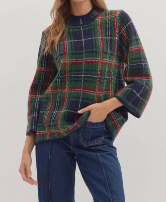 Entro Plaid Tunic Sweater In Navy