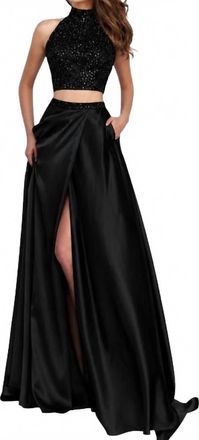 Sherri Hill Two-Piece Halter High Slit Prom Dress In Black
