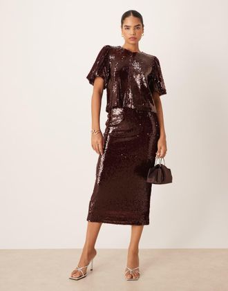 Vero Moda Gonna midi premium in paillettes bordeaux in coordinato-Rosso