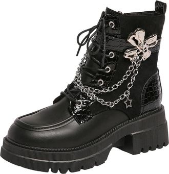 Generic Black Females Casual and Casual Thick Soled Height Increasing Thick Soled Street Star Chain Metal Flower Motorcycle Boots Perfect for Outdoor Adventur